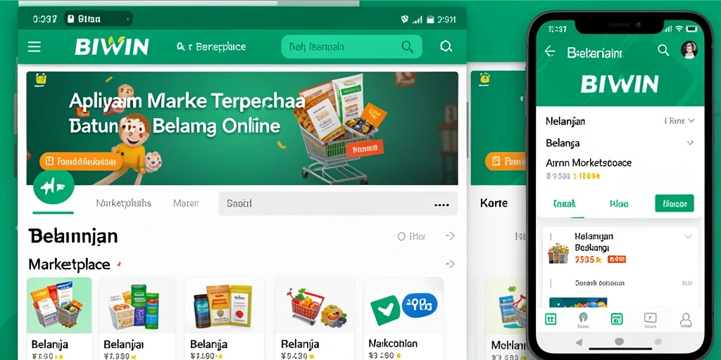 Tampilan utama aplikasi BIWIN dengan berbagai produk marketplace.